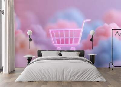 Glowing Neon Shopping Cart on Pastel Cloud Cyber Monday Promo Banner Wall mural