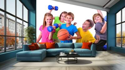 team of sportive kids friends with dumbbells and ball Wall mural