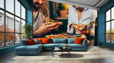 close up of people eating pizza Wall mural