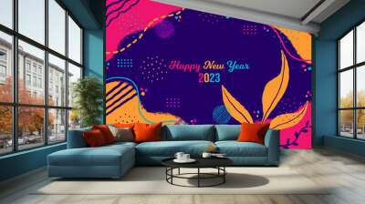 Happy New Year 2023 Background. January 1 celebration poster. Memphis style floral pink, orange and navy blue abstract design. Horizontal banner vector illustration. Doodle pattern concept graphic art Wall mural