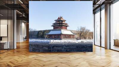 winter sonw view of the corner tower and moat of the Forbidden city Wall mural