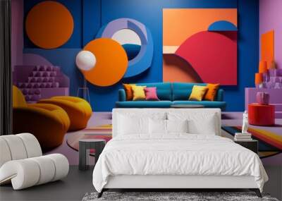 Bold contemporary design modern pop art interior with blue and orange. Vintage retro home concept Wall mural