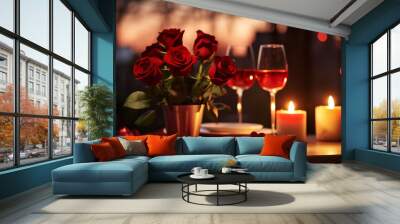 Bouquet of red roses on romantic dinner table with two wine glasses and lit candles at evening background Wall mural