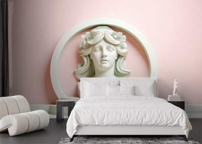 Bust of ancient Roman marble goddess on white gypsum stage podium on pink background. Antique art culture concept Wall mural