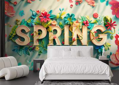 Colorful Spring text surrounded by vibrant flowers and leaves on a light background Wall mural