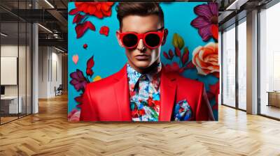 Contemporary pop art portrait of handsome man in stylish outfit on a blooming flower blue background. Modern drawing painting poster Wall mural