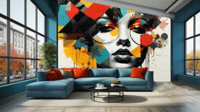 Contemporary pop art portrait of young woman in sun glasses in modern bright colors paint. Abstract wallpaper artwork Wall mural