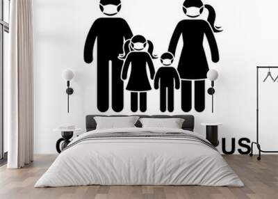 Coronavirus stick figure man, woman, children, kid icon sign symbol vector illustration pictogram. Stickman family wearing mask to avoid virus infection silhouette set on white Wall mural