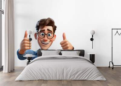 Happy man showing thumb up gesture 3d style cartoon character. Positive businessman smiling with ok like cool finger on white background Wall mural