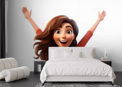 Happy smile laughing cartoon character young adult woman person portrait jumping with hands up in 3d style design on white background. Human people feelings expression concept Wall mural