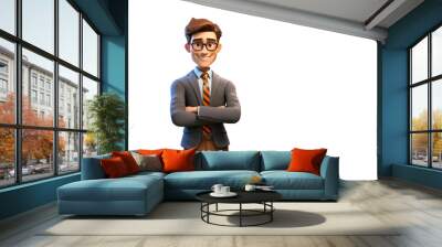 Happy smiling cartoon character business office worker man standing on white background. 3d style employee person Wall mural