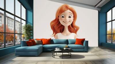 Happy smiling cartoon character red ginger hair girl with young woman teenager person in 3d style on light background. Cute funny people concept Wall mural