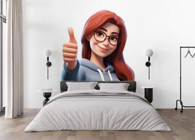 Happy smiling cartoon character young adult woman person in blue hoodie showing thumb up gesture in 3d style design on light background. Successful human people with ok like cool finger concept Wall mural