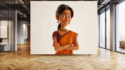 Happy smiling pretty Indian cartoon character young adult woman female person portrait in 3d style on light background. Human people feelings expression concept Wall mural