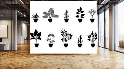 Home flowers icon set. Black pictogram of plant in pot Wall mural