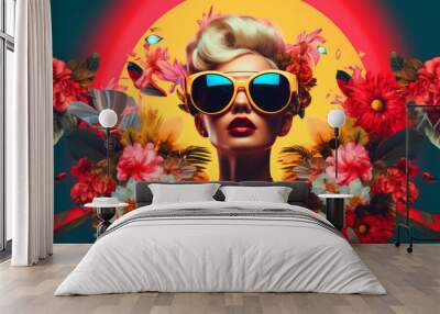 Modern painting in pop art style of young beautiful blonde woman in yellow sunglasses on bright colorful floral background. Contemporary trendy stylish drawing in bold hues Wall mural