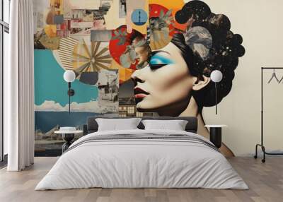 Modern pop art paper collage portrait of young woman contemporary abstract poster. Retro concept Wall mural