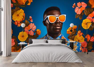 Modern pop art portrait of handsome man in white sunglasses on blue floral background. Contemporary drawing painting poster of stylish fashion people in vintage retro style Wall mural