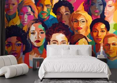 Pop art collage portrait of multiracial diverse crowd people on bright background. Modern man and woman graphic artwork concept Wall mural