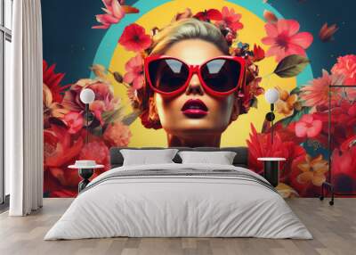 Portrait of fashionable blonde woman female person with oversized red sunglasses on floral background in bright retro colors. Contemporary trendy stylish pop art in bold hues Wall mural