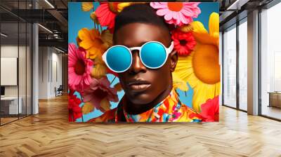 Portrait of handsome young man wearing sunglasses in trendy pop art style bright yellow pink and blue colors Wall mural