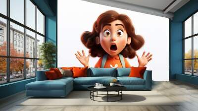 Screaming shouting shocked scared cartoon character girl teen kid child with raised hands person in 3d style design on light background. Human people feelings expression concept Wall mural