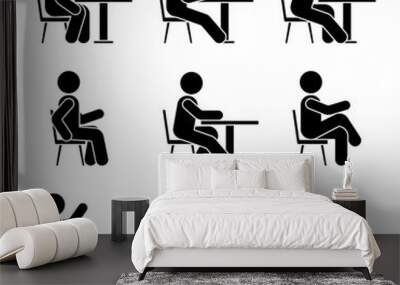 Sitting on chair at desk stick figure man side view poses pictogram vector icon set. Boy silhouette seated happy, comfy, sad, tired sign on white background Wall mural