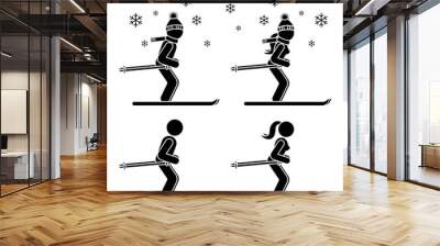 Skier man and woman skiing stick figure vector icon pictogram set. Winter snow fun sport leisure lifestyle holiday active game silhouette on white background Wall mural