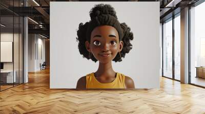 Smiling African cartoon character teen young woman female person portrait wearing yellow top in 3d style design on light background. Human people feelings expression concept Wall mural