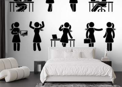 Stick figure business woman icon set. Vector illustration of female at workplace isolated on white Wall mural