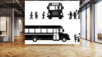 Stick figure children boarding bus icon. Back to school boys and girls symbol Wall mural