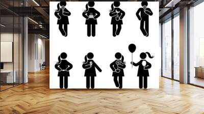 Stick figure different eating position set. Vector illustration of snack person icon symbol sign pictogram on white Wall mural