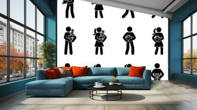 Stick figure people standing, walking with presents vector illustration set. Man and woman holding gift package stickman icon pictogram Wall mural