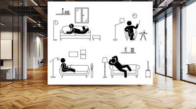 Stick figure resting at home position set. Sitting, lying, smoking cigarette, listening to music, using laptop, drinking whiskey vector icon relaxing posture on sofa and armchair. Furniture pictogram Wall mural