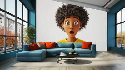 Surprised shocked scared African cartoon character young adult woman female girl person portrait wearing yellow t-shirt in 3d style design on light background. Human people feelings expression concept Wall mural