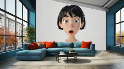 Surprised shocked scared Asian cartoon character young adult woman female lady girl person portrait with opened mouth and big eyes in 3d style design. Human people feelings expression concept Wall mural