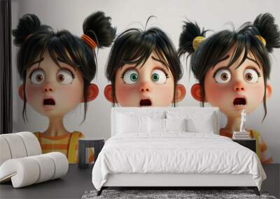 Surprised shocked scared tree cartoon character young girl kid child person people in 3d style design on light background. Human people feelings expression concept Wall mural