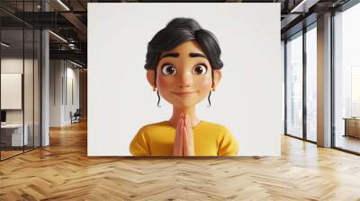 Think pray dream Indian cartoon character young adult woman girl person portrait in 3d style design on light background. Human people feelings expression concept Wall mural