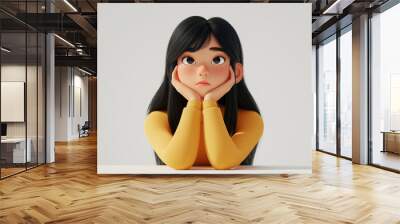 Think question doubt cartoon character young Asian woman girl person portrait in 3d style design on light background. Human people feelings expression concept Wall mural