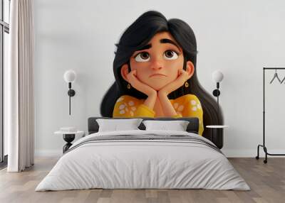 Thinking upset sad bored Indian cartoon character young adult woman girl person portrait in 3d style design on light background. Human people feelings expression concept Wall mural