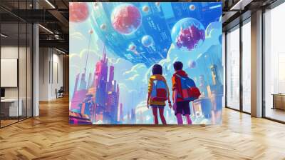 Two teen children gaze at a futuristic cityscape filled with floating orbs planets and colorful skyscrapers. Dreamy fantasy education knowledge concept Wall mural