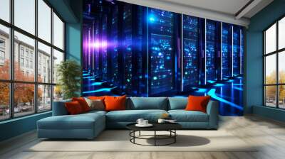 Ultramodern server room radiates with neon purple lights power of contemporary data storage technology. High tech environments concept Wall mural