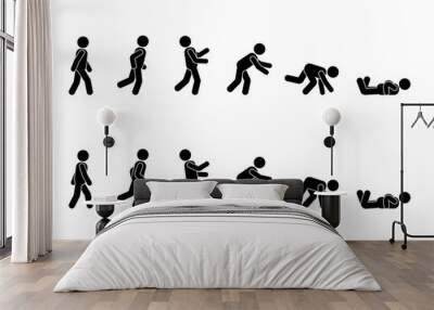 Walking man stick figure pictogram set. Different positions of stumbling and falling icon set symbol posture on white Wall mural