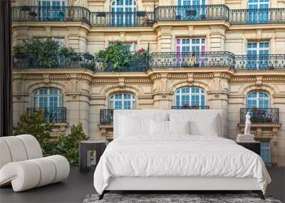 Street view of an old, elegant residential building facade in Paris, with ornate details in the stone walls, french doors and wrought iron railings on the balconies. Wall mural