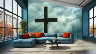 Religious cross against moody sky Wall mural