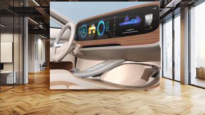 Close-up view of self-driving electric car's dashboard.  Wide digital multimedia screen. 3D rendering image. Wall mural