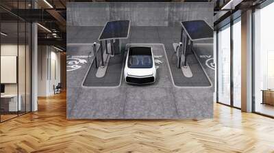 Electric vehicle charging station in public space. The charging spot support by solar panels, storage batteries. Wall mural