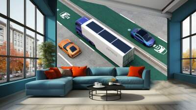 Hybrid truck and blue electric car on wireless charging lane. 3D rendering image. Wall mural