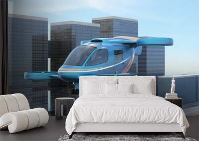 Metallic blue flying car (air taxi) prepare for landing on the Drone Port. 3D rendering image. Wall mural