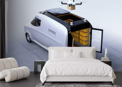 Self-driving van, drone and robot. Automatic delivery system concept. 3D rendering image. Wall mural